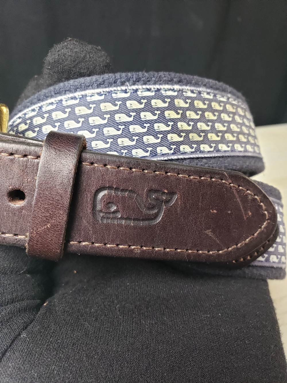 Vineyard Vines Navy Whale-Print Webbing Belt with Brown Leather - Picture 3 of 16